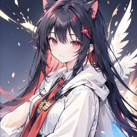 (((fantasy　black hair　dye the inside of your hair red　long hair　dull red eyes　cat ear　beastman　pad)))　((i have a crystal　uniform...