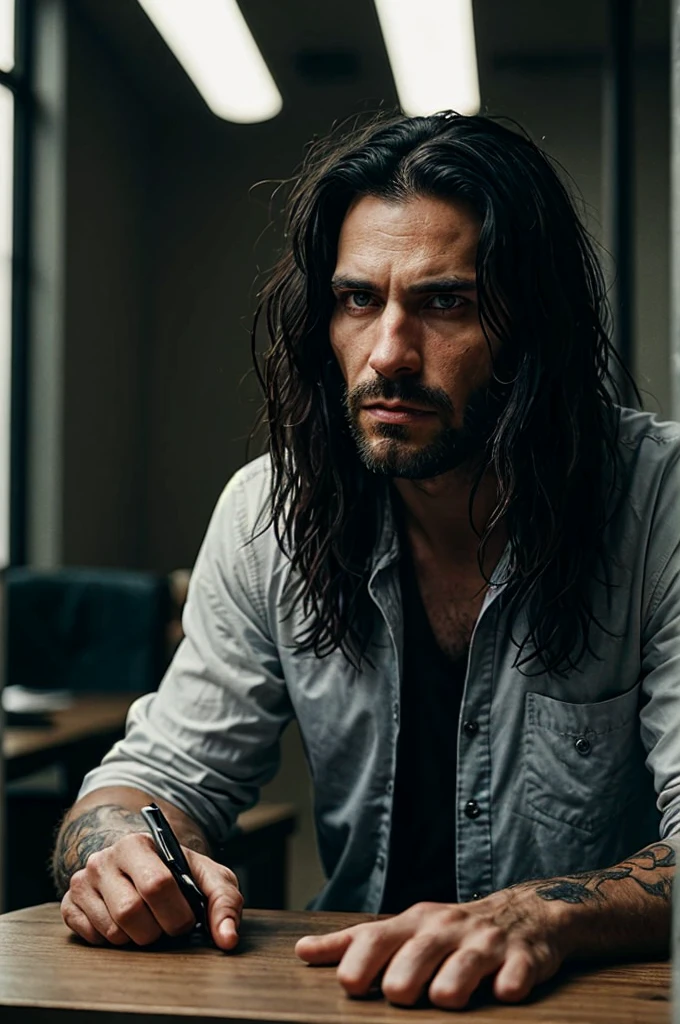 The man with long black hair and piercing green eyes sits at an interrogation table, his expression intense and defiant. The scene is shot in a realistic, cinematic style reminiscent of Ron Fricke’s direction, with high contrast and rich film colors captured on Kodak film. The texture of 70 mm film grain is evident, adding to the gritty, tense atmosphere. The shallow depth of field creates a bokeh effect around the edges, with a vignette focusing attention on the man and the table. The room is dimly lit, casting dramatic shadows that highlight the man’s features and the starkness of the interrogation setting. The highly detailed image, with a sense of high-budget production, captures the emotional intensity and the moody, epic atmosphere of the scene.”