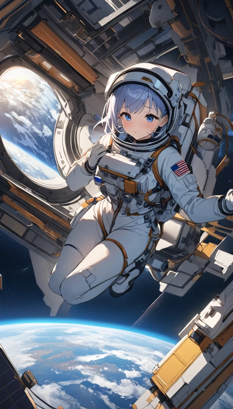 Highest quality、masterpiece、High resolution、RAW Photos、BREAK、One Girl、Skin-tight astronaut suits、２０talent、Zero Gravity Swimming、Space Station、Experimental building、Complex Instrumentation、Detailed depiction、近未来のSpace Station、BREAK、Earth seen from the window、Beautiful Earth、Blue Earth、