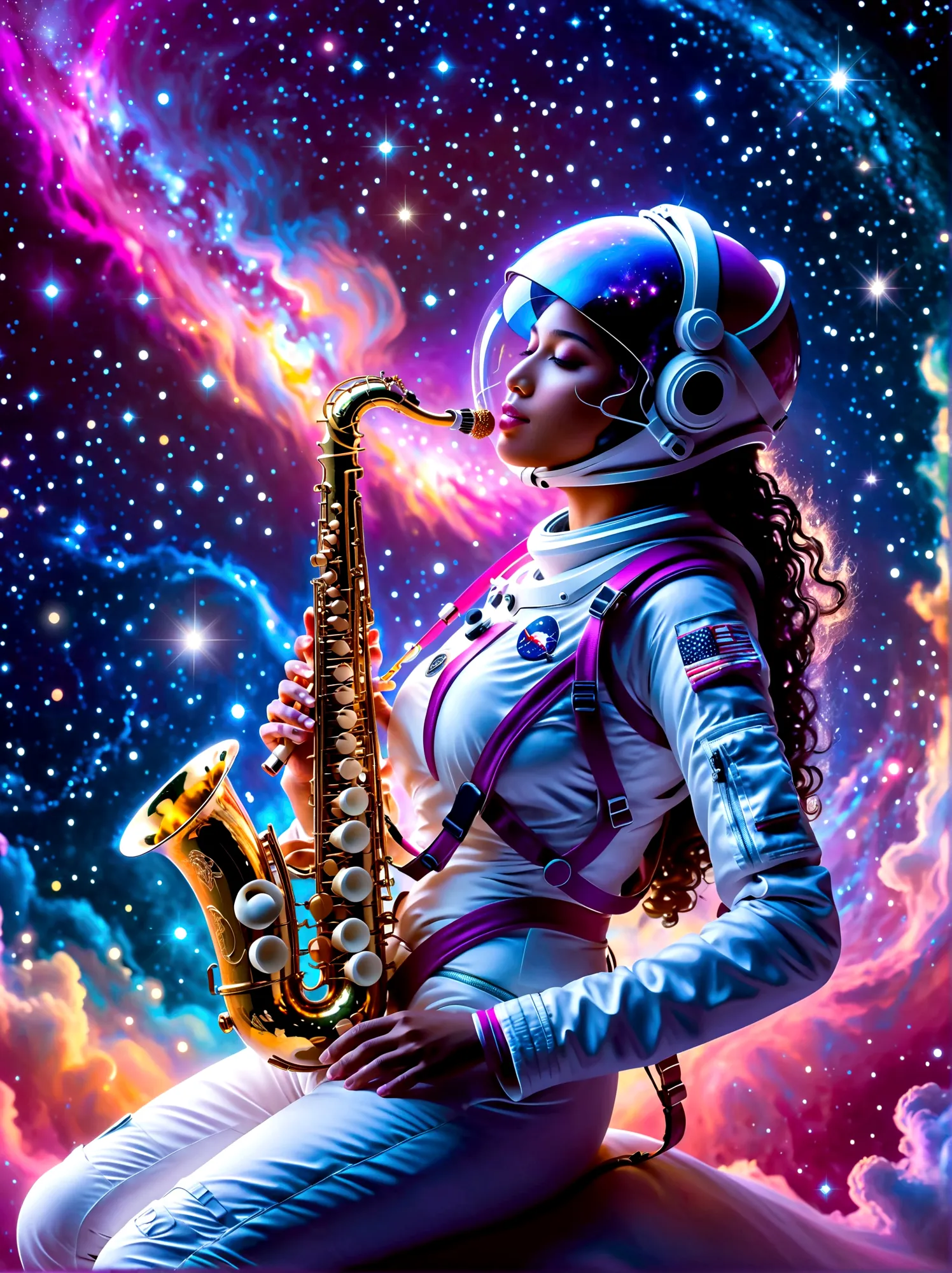 A futuristic visual of an astronaut playing a shining silver saxophone, floating amid the cosmos. The astronaut is a South Asian...