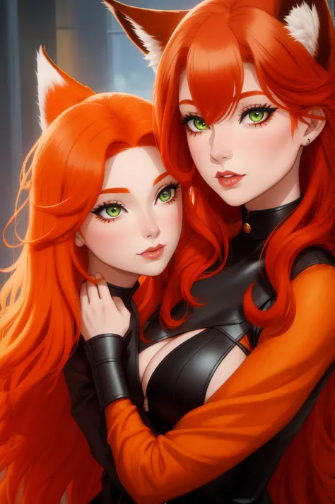 a close up of a woman with red hair and a fox, a beautiful fox lady, foxgirl, orange skin and long fiery hair, green eyes, magal...