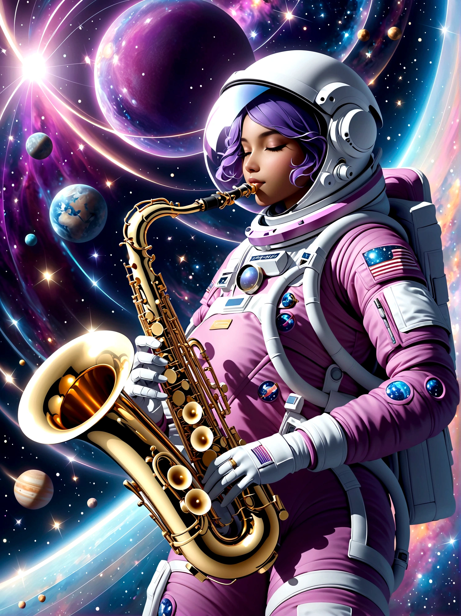 A futuristic visual of an astronaut playing a shining silver saxophone, floating amid the cosmos. The astronaut is a South Asian female, donned in a highly advanced violet-pink spacesuit equipped with glowing white lights. The background is a star-studded sky with soft hues of blues and purples, featuring galaxies far away. Also visible are celestial bodies like moons and distant planets with rings around them. The cosmic wisps and twinkling stars reflected on her helmet visor add a magical touch. The saxophone is producing a marvellous spectrum of musical notes, which glow and dissolve into the vast space around her