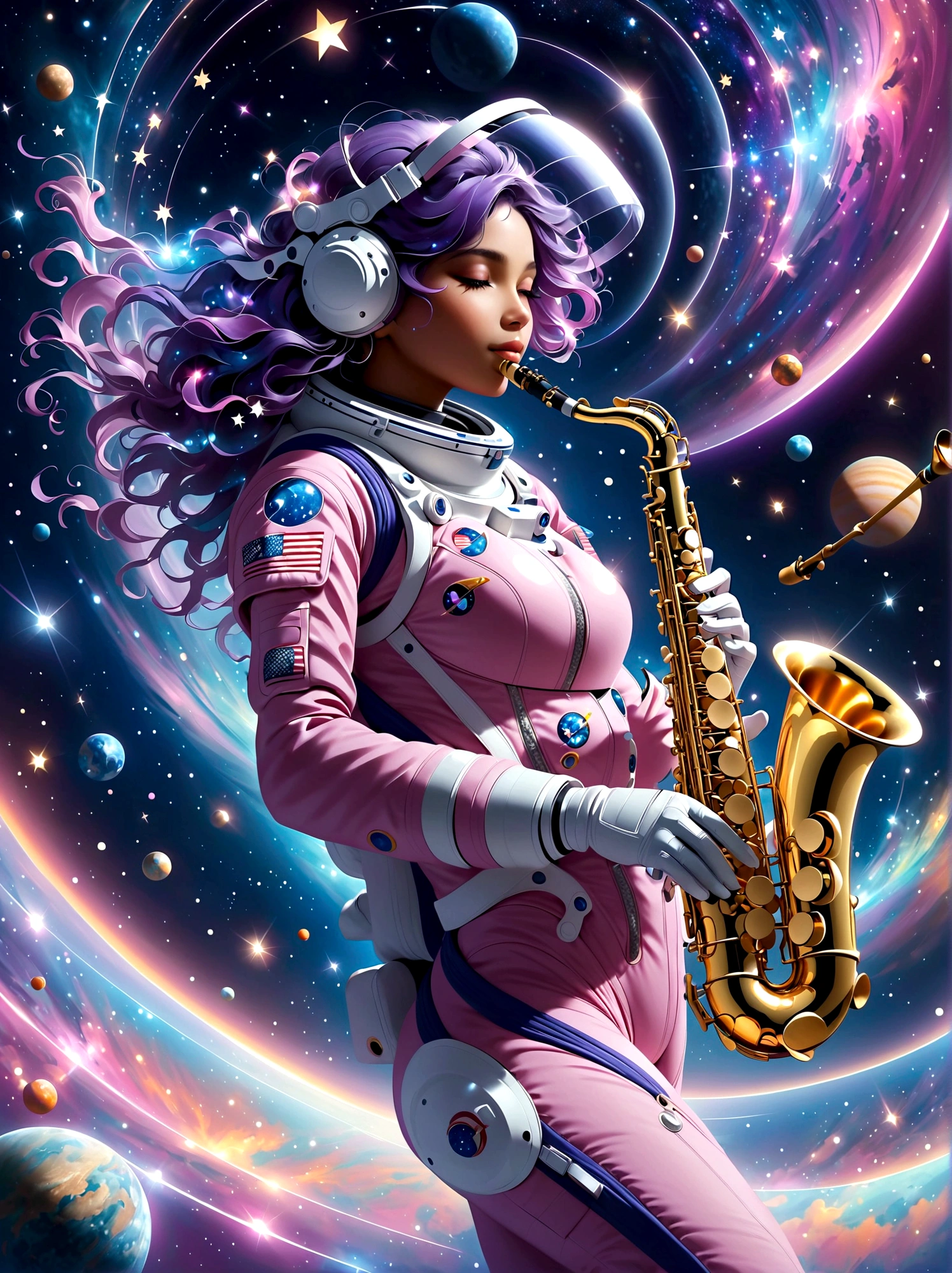 Un visuel futuriste d&#39;un astronaute jouant d&#39;un saxophone argenté brillant, flottant au milieu du cosmos. L&#39;astronaute est une femme sud-asiatique, enfilé dans une combinaison spatiale rose violet très avancée équipée de lumières blanches brillantes. L&#39;arrière-plan est un ciel étoilé avec des teintes douces de bleus et de violets., mettant en vedette des galaxies lointaines. Des corps célestes comme des lunes et des planètes lointaines entourés d&#39;anneaux sont également visibles.. Les volutes cosmiques et les étoiles scintillantes réfléchies sur la visière de son casque ajoutent une touche magique. Le saxophone produit un merveilleux spectre de notes musicales, qui brillent et se dissolvent dans le vaste espace autour d&#39;elle
