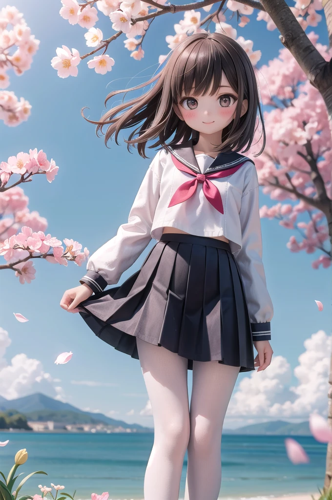 (masterpiece),  Outdoor,  cherry blossoms,  petal,  sunlight,  lake,  One girl,  blush,  smile,  Medium Hair,  Sailor suit,Long skirt, Overgrown, petal, plant、Skirt lining、White slip、nostalgic、pantyhose（gray）、You can see the sea in the distance, Crotch close-up