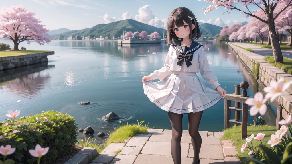 (masterpiece),  Outdoor,  cherry blossoms,  petal,  sunlight,  lake,  One girl,  blush,  smile,  Medium Hair,  Sailor suit,Long skirt, Overgrown, petal, plant、Skirt lining、White slip、nostalgic、pantyhose（gray）、You can see the sea in the distance, Crotch close-up