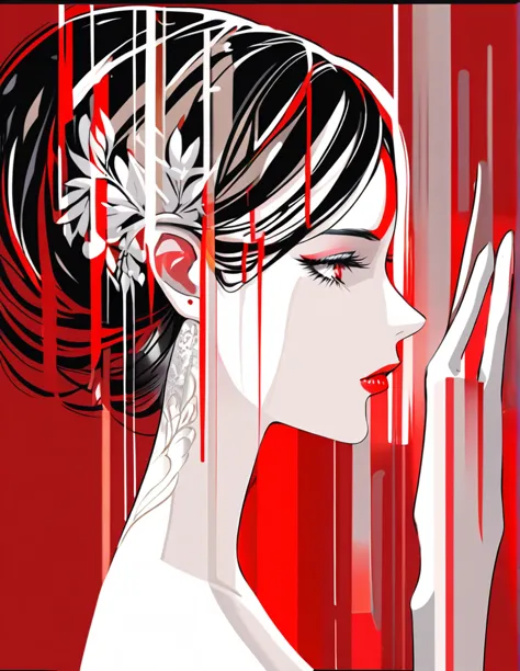 Illustrate an elegant stunning beautiful woman's face in profile using sleek white lines on a Red canvas 