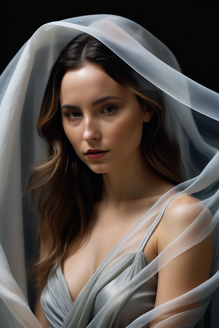 Malory_to read_role model, (8K, photo realist, ultra details, Hauntingly ethereal portrait in abstract style of a mysterious figure draped in translucent fabric, 
 