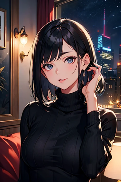 woman　Black Hair　Medium Hair　Straight Hair　Black knit　turtleneck　Glamour　Dummy Head　Licking the ear　room　night　No window