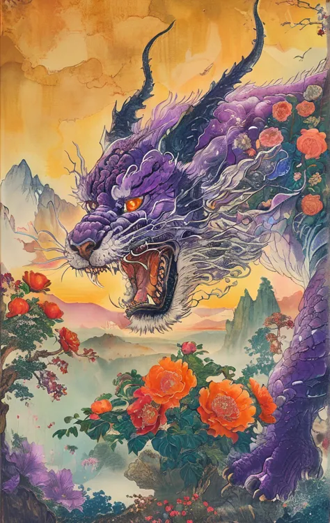 A white dragon lies in the middle of an endless field full of purple flowers, surrounded by snow-capped mountains and a blue sky...