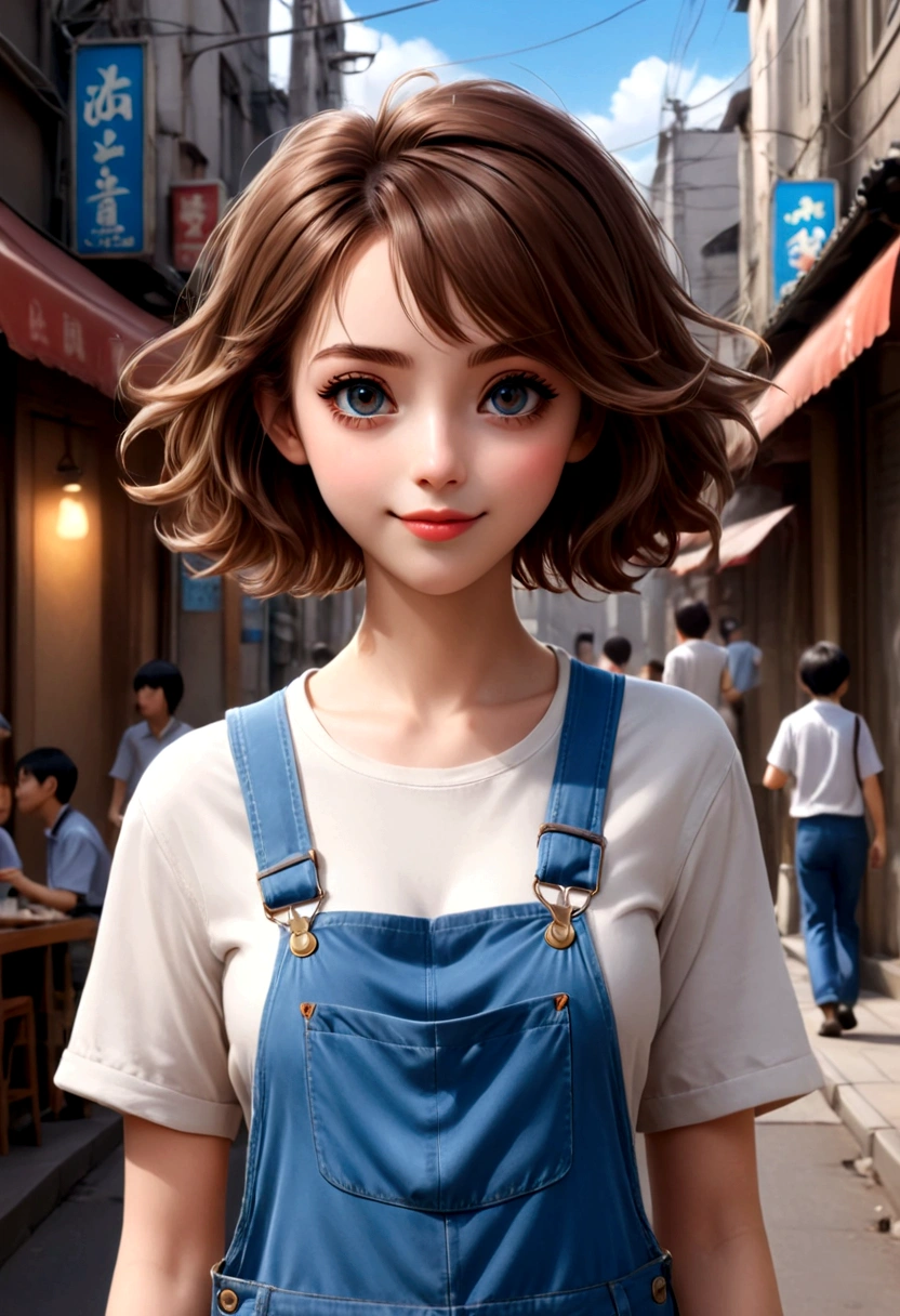 Uma menina adorável，Cabelo castanho curto，vestindo macacão，Café na mão，Andando na rua。Fundo em tons suaves de azul claro e tons，ilustrações estilo anime。Ela tem detalhes faciais requintados，Olhos grandes，cílios longos，Um sorriso brilhante，design simples，Resolução HD。