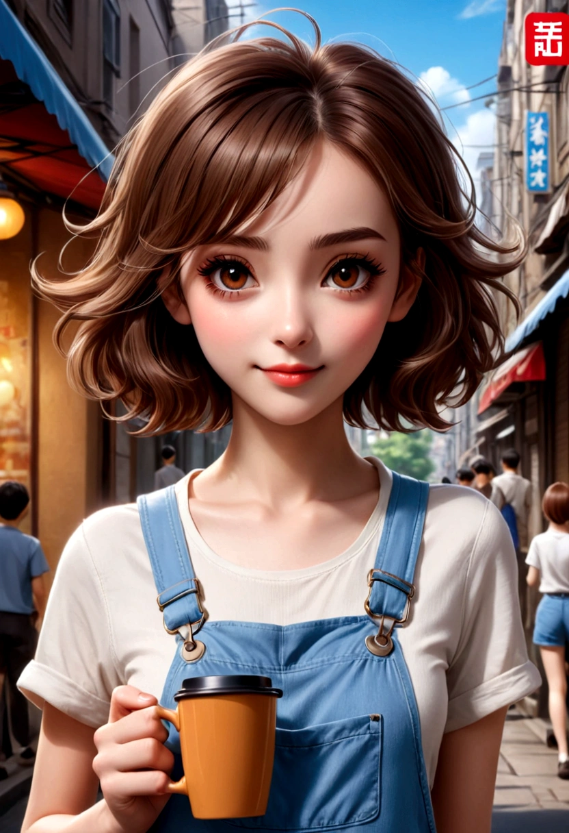 Une jolie fille，Cheveux châtains courts，porter une salopette，Café à la main，marchant dans la rue。Fond en bleu clair doux et nuances，illustrations de style animé。Elle a des détails faciaux exquis，gros yeux，long cils，Un sourire éclatant，conception simple，Résolution HD。