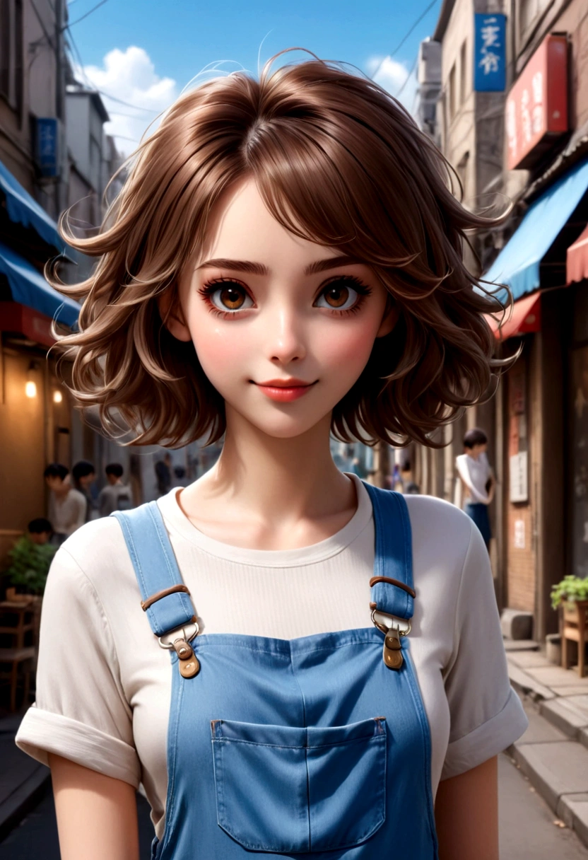 Uma menina adorável，Cabelo castanho curto，vestindo macacão，Café na mão，Andando na rua。Fundo em tons suaves de azul claro e tons，ilustrações estilo anime。Ela tem detalhes faciais requintados，Olhos grandes，cílios longos，Um sorriso brilhante，design simples，Resolução HD。