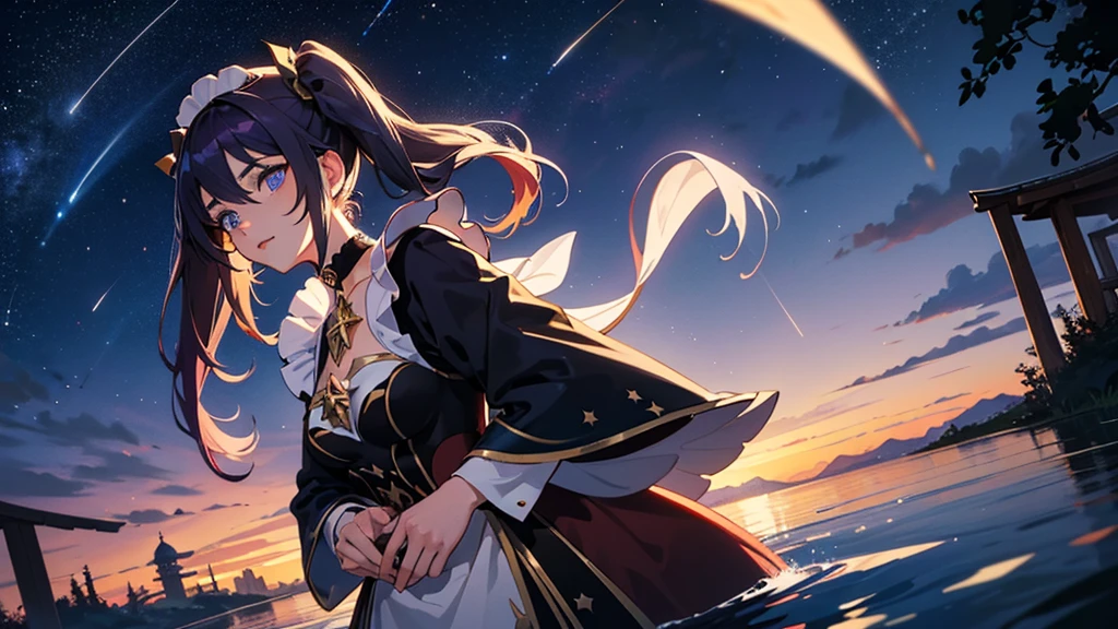 girl, located in the corner, looking at the sky, alone, Mona. (Genshin Effects), choker, hair between the eyes, star (mark), long hair, dark purple hair, Twintail, blue eyes, shining eyes, decorations, witch, maid, smooth, black purple dress, purple skirt, white apron, terrain, nighttime sky, star (sky), starry sky, nighttime, outdoor, cloud, reflection, water, magic, Tarot cards, water magic, ((beautiful golden crystal star)),  space, water droplets, splash