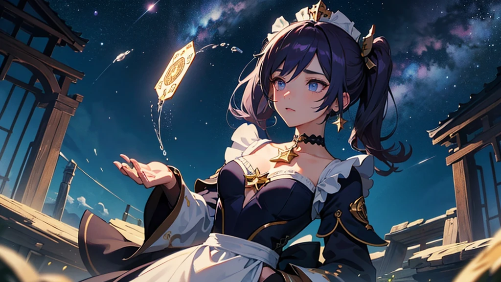 girl, located in the corner, looking at the sky, alone, Mona. (Genshin Effects), choker, hair between the eyes, star (mark), long hair, dark purple hair, Twintail, blue eyes, shining eyes, decorations, witch, maid, smooth, black purple dress, purple skirt, white apron, terrain, nighttime sky, star (sky), starry sky, nighttime, outdoor, cloud, reflection, water, magic, Tarot cards, water magic, ((beautiful golden crystal star)),  space, water droplets, splash