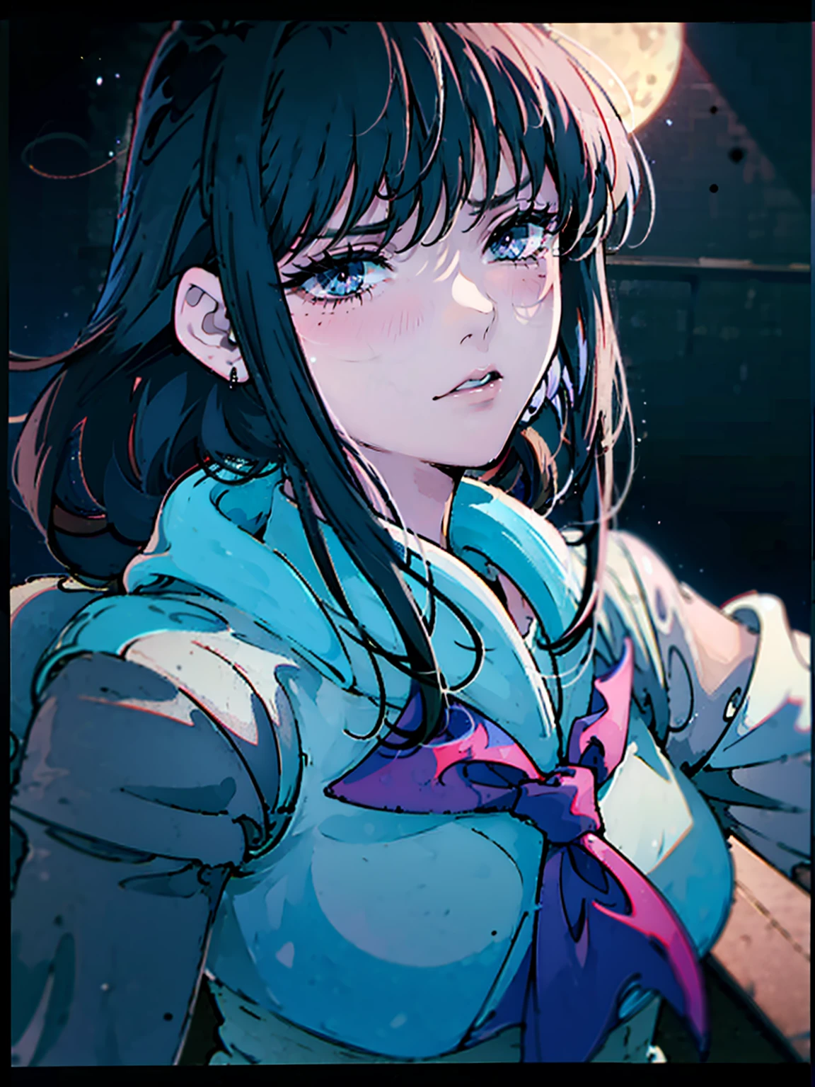 dark, masterpiece, Highest quality, 8K、、 (Unhealthy face:1.9, Red collar, Dark Eyes:1.5, Dark circles under the eyes, Yandere:1.5, Unhappy face, Lifeless face), Long hair in the eyes, Long Bangs, Eyes through the bangs, Big eyes,　Sailor Mars、 Turquoise Eyes, Bust Shot, Dark atmosphere
