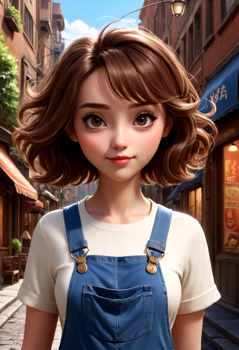 Full body shot，A lovely girl，Short brown hair，Wearing overalls，Coffee in hand，Walking in the street。In the style of Pixar and Disney animation，Rendering with C4D，Bright colors，Soft light，Full of details，Cute expression，The background is in soft caramel and off-white tones，Anime style illustrations。She has exquisite facial details，big eyes，Long eyelashes，A bright smile，Simple design，HD resolution。