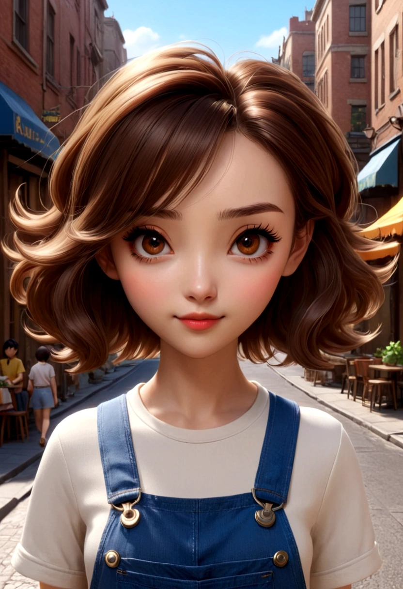 Full body shot，A lovely girl，Short brown hair，Wearing overalls，Coffee in hand，Walking in the street。In the style of Pixar and Disney animation，Rendering with C4D，Bright colors，Soft light，Full of details，Cute expression，The background is in soft caramel and off-white tones，Anime style illustrations。She has exquisite facial details，big eyes，Long eyelashes，A bright smile，Simple design，HD resolution。