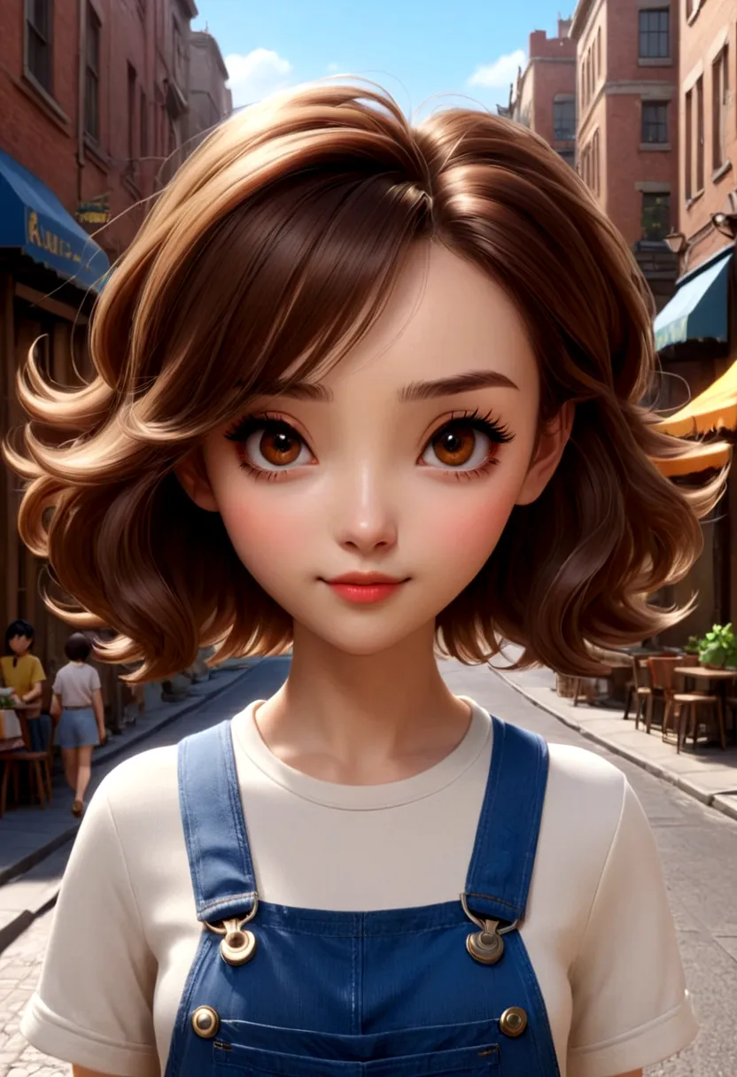 full body shot，a lovely girl，short brown hair，wearing overalls，coffee in hand，walking in the street。in the style of pixar and di...