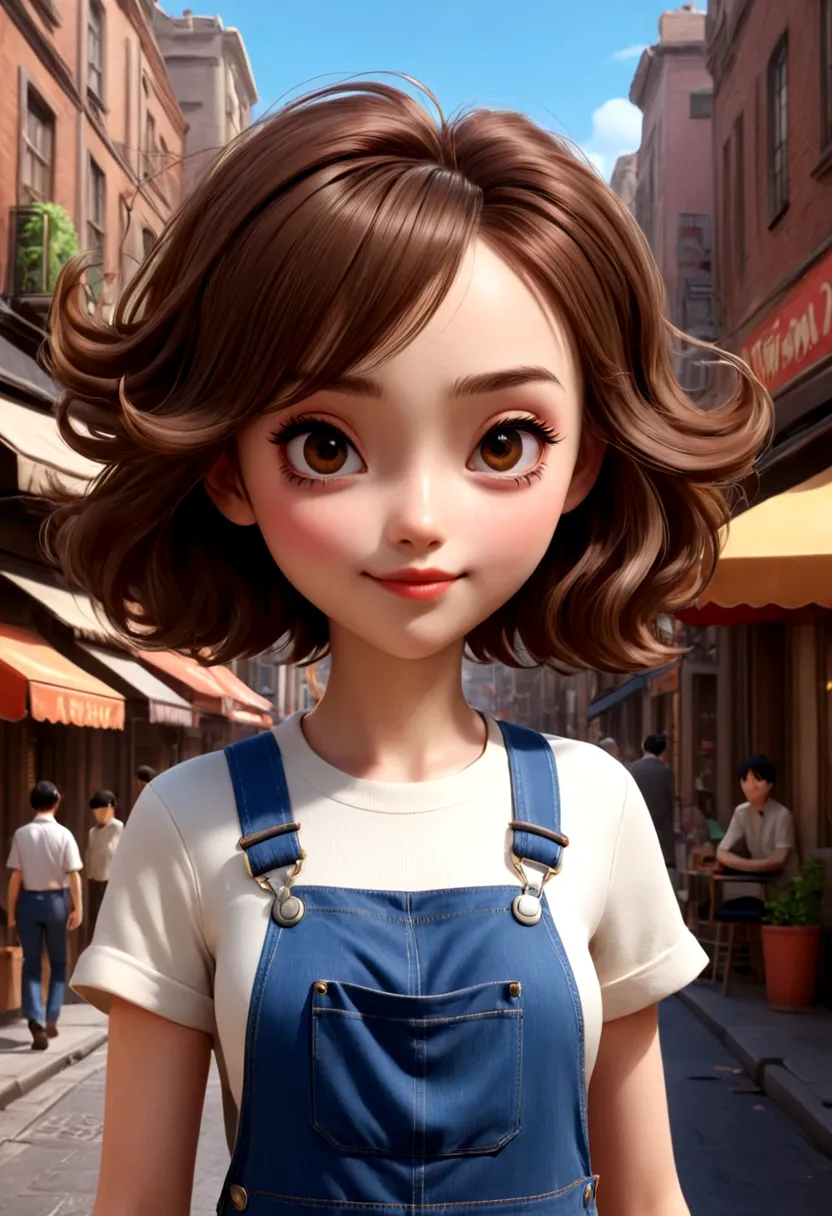 full body shot，a lovely girl，short brown hair，wearing overalls，coffee in hand，walking in the street。in the style of pixar and di...