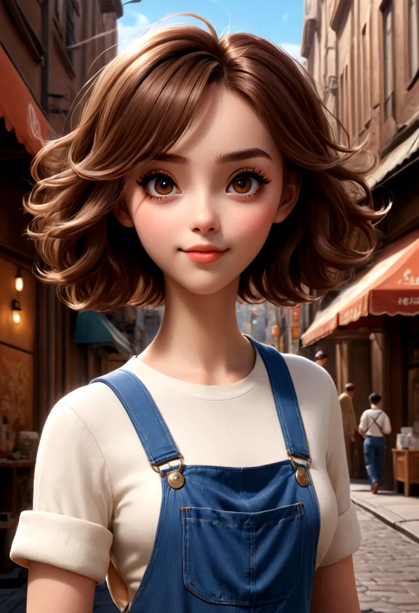 full body shot，a lovely girl，short brown hair，wearing overalls，coffee in hand，walking in the street。in the style of pixar and di...