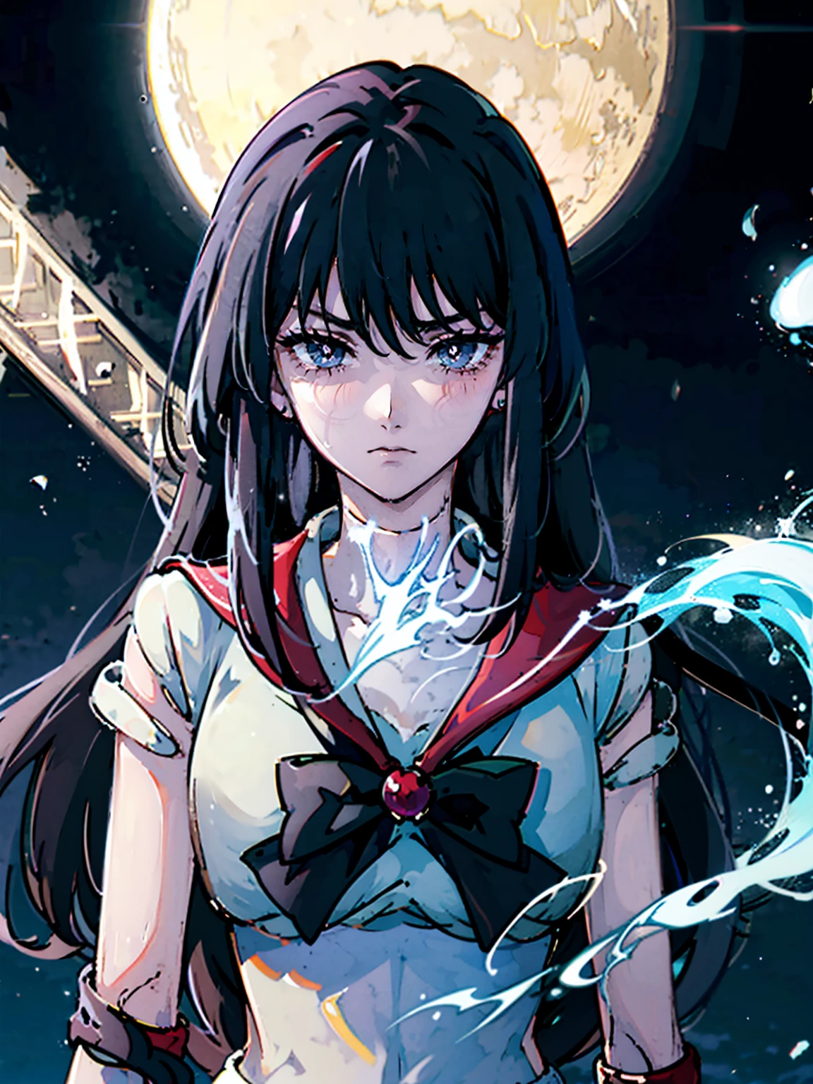 Sailor Mars、 dark, masterpiece, Highest quality, 8K、、 (Unhealthy face:1.9, Red collar, Dark Eyes:1.5, Dark circles under the eyes, Yandere:1.5, Unhappy face, Lifeless face), Long hair in the eyes, Long Bangs, Eyes through the bangs, Big eyes,　Turquoise Eyes, Bust Shot, Dark atmosphere
