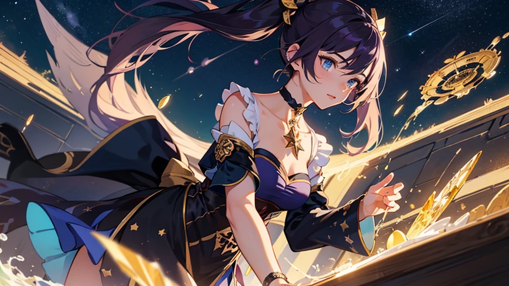 girl, located in the corner, looking at the sky, alone, Mona. (Genshin Effects), choker, hair between the eyes, star (mark), long hair, dark purple hair, Twintail, blue eyes, shining eyes, decorations, witch, maid, smooth, black purple dress, purple skirt, white apron, terrain, nighttime sky, star (sky), starry sky, nighttime, outdoor, cloud, reflection, water, magic, Tarot cards, water magic, ((beautiful golden crystal star)),  space, water droplets, splash