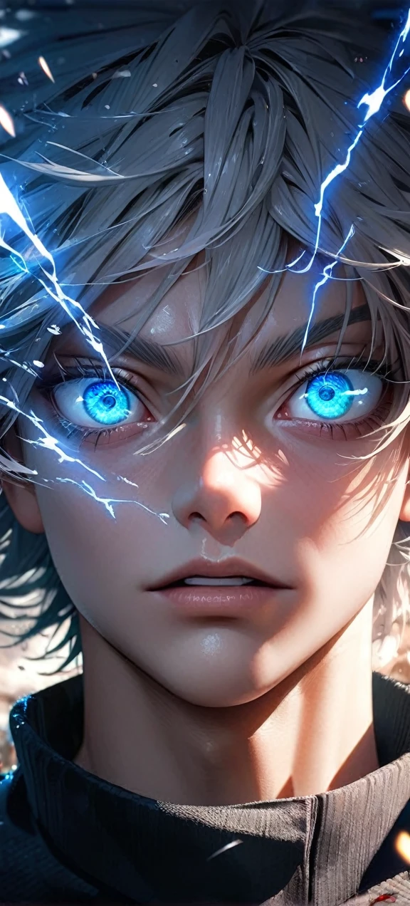  High quality, ultra realistic,absurdres, highres, ultra detailed, HDR, masterpiece, extremely detailed face and eyes,  Gojo satoru , jujutsu kaisen,, white hair ,black shirt , solo, ,man, handsome, ,white eyeleshes, blue eyes , Epic fight scene, blue splashing effect,blue lightning  effect,glowing glitters , close up,cool eyes, symetrical 