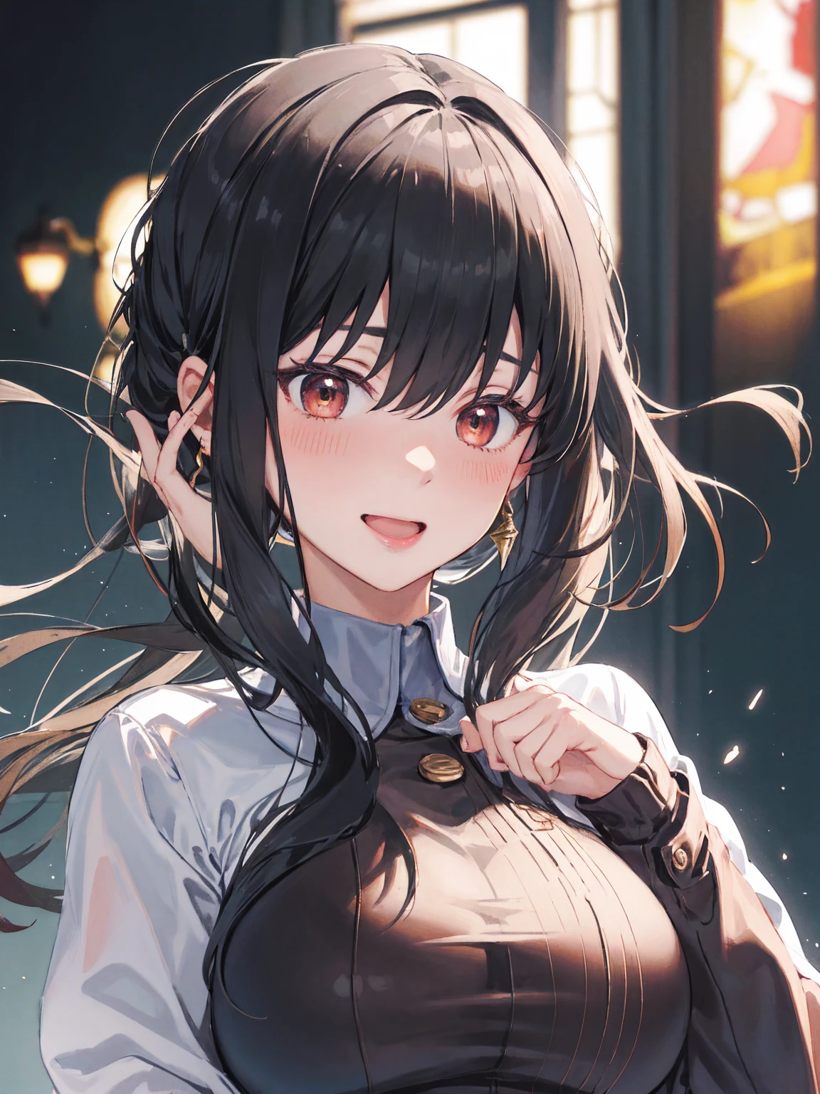 masterpiece, Highest quality, High resolution, Official Art, Anime Face, Yolfoger, blush, (Large Breasts, Big Breasts:1.5, Massive Big Breasts), Black Hair, Long sleeve, Brown eyes, , Jacket, Collared shirt, (Realistic:0.35、 Powerful laughter), blush, smile, 