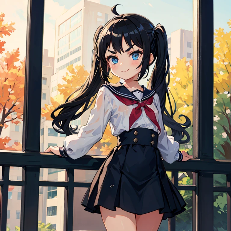 Young girl with black hair, long twintail, twintail hairstyle, (blue eyes),, ((small bushy eyebrows)), wearing gothic lolita clothing, lolicon , walking to school, flirty smile, ,sitting with open legs, lifting her skirt to show her vagina wet with semen
