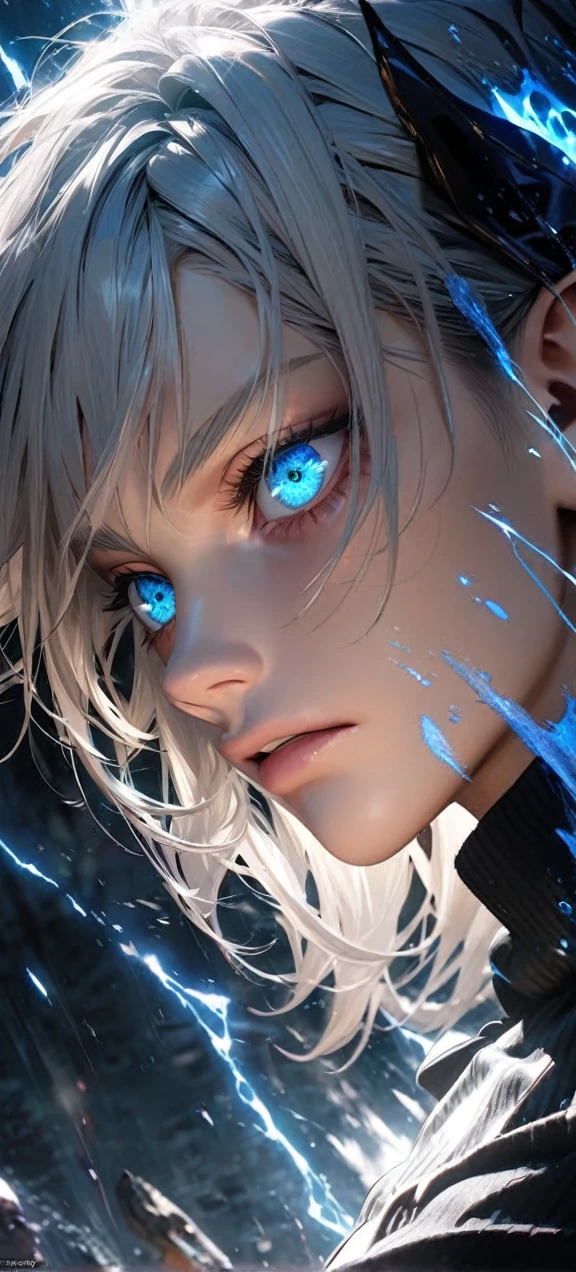  High quality, ultra realistic,absurdres, highres, ultra detailed, HDR, masterpiece, extremely detailed face and eyes,  Gojo satoru , jujutsu kaisen,, white hair ,black shirt , solo, ,man, handsome, ,white eyeleshes, blue eyes , Epic fight scene, blue splashing effect,blue lightning  effect,glowing glitters , close up,cool eyes, symetrical 