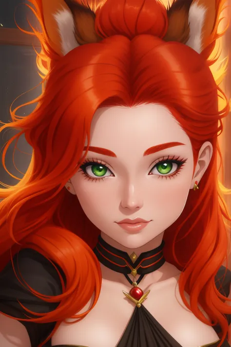 a close up of a woman with red hair and a fox, a beautiful fox lady, foxgirl, orange skin and long fiery hair, green eyes, magal...