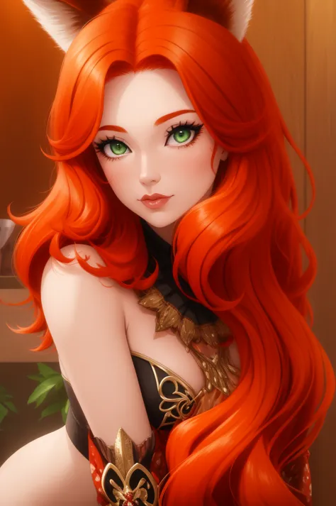 a close up of a woman with red hair and a fox, a beautiful fox lady, foxgirl, orange skin and long fiery hair, green eyes, magal...