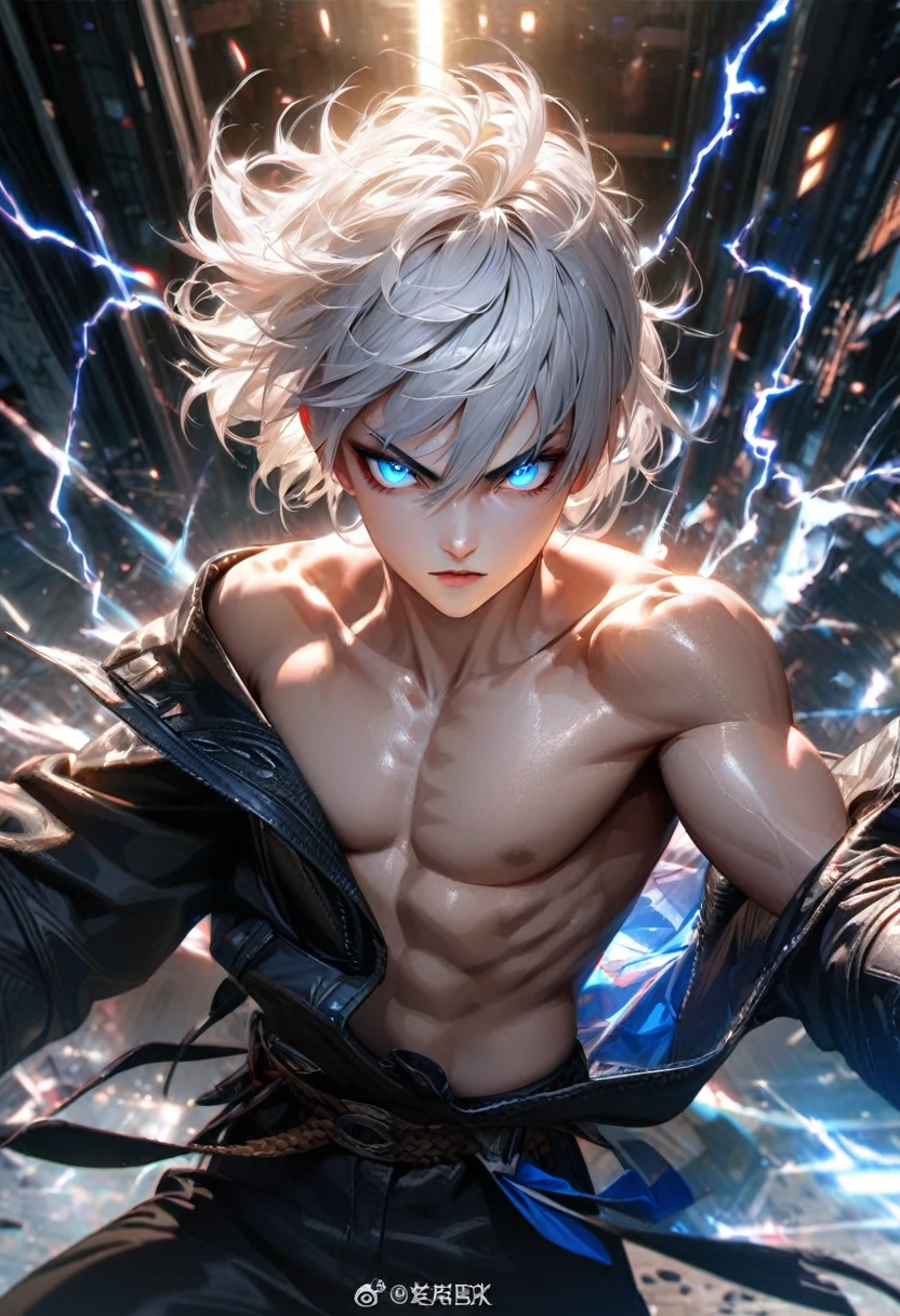   Far view,High quality, ultra realistic,absurdres, highres, ultra detailed, HDR, masterpiece, extremely detailed face and eyes, a cool topless fighter, cool black jacket,cool posw, tekken, ,, cool white hair , solo, ,man, handsome, ,white eyeleshes, blue eyes ,explosive effect , ,black lightning  effect,glowing glitters ,  symetrical 