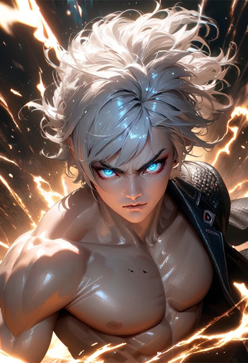   Far view,High quality, ultra realistic,absurdres, highres, ultra detailed, HDR, masterpiece, extremely detailed face and eyes, a cool topless fighter, cool black jacket,cool posw, tekken, ,, cool white hair , solo, ,man, handsome, ,white eyeleshes, blue eyes ,explosive effect , ,black lightning  effect,glowing glitters ,  symetrical 