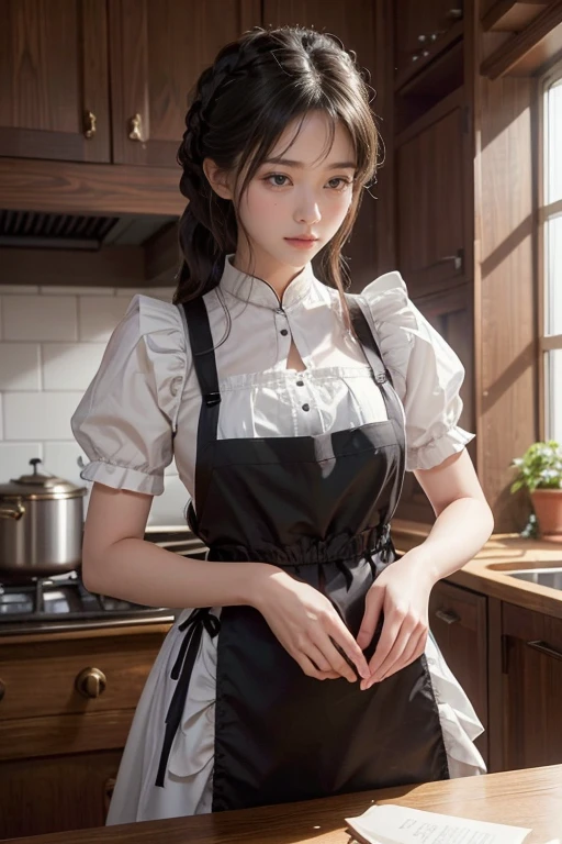 ((best quality: 1.4)), (An unrivalled masterpiece), (Ultra-high resolution), (Ultra-realistic 8K CG), (Cowboy shooting), (Very detailed), (maid ), (Artworks by Jean-Baptiste Monge), highly detailed maid clothes, half_apron , Wearing only apron  ,Apron that makes you shy , Amazingly realistic and beautiful faces, Very detailed beautiful hair, Highly detailed hairstyle, Realistic white skin、Movie, Happy , Working in the kitchen of an old western building, Candlelight, Use backlighting to add depth to your images, Anisotropic filtering, Depth of writing boundaries, Maximum clarity and sharpness, 8 so small, thick body:0.8 , Perfect anatomical structure, Symmetry and balance, Beautiful gradient, Clear focus, Golden Ratio, The image is centered, Beautiful composition