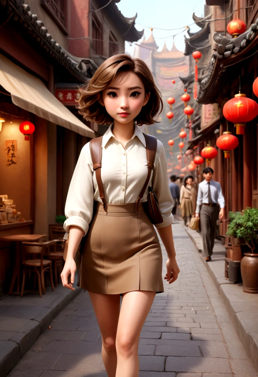 Uma linda e adorável garota chinesa，Cabelo castanho curto，Vestindo uma saia de trabalho marrom clara，Café na mão，Andando na rua，Foto de corpo inteiro。No estilo da animação Pixar e Disney，Renderizando com C4D，luz suave，Cheio de detalhes，O fundo está um pouco desfocado，O quadro geral usa tons caramelo e esbranquiçados，design simples，Resolução HD，8K。