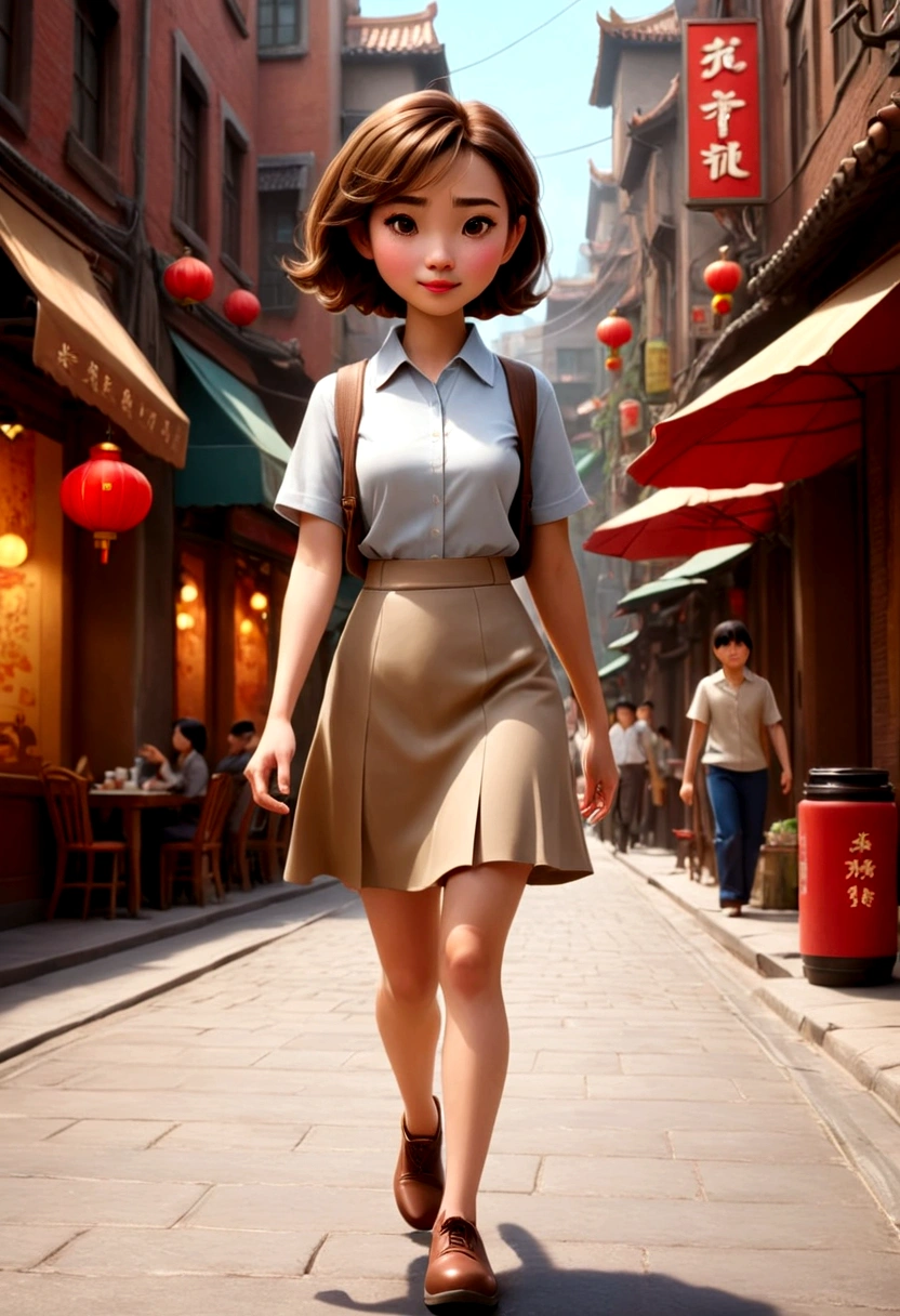 A beautiful and lovely Chinese girl，Short brown hair，Wearing a light brown work skirt，Coffee in hand，Walking in the street，Full full-body shot。In the style of Pixar and Disney animation，Rendering with C4D，Soft light，Full of details，The background is slightly blurred，The overall picture uses caramel and off-white tones，Simple design，HD resolution，8K。