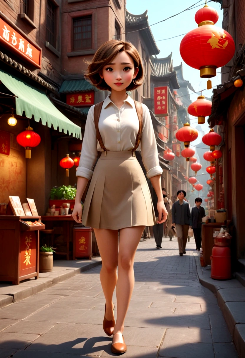 A beautiful and lovely Chinese girl，Short brown hair，Wearing a light brown work skirt，Coffee in hand，Walking in the street，Full full-body shot。In the style of Pixar and Disney animation，Rendering with C4D，Soft light，Full of details，The background is slightly blurred，The overall picture uses caramel and off-white tones，Simple design，HD resolution，8K。