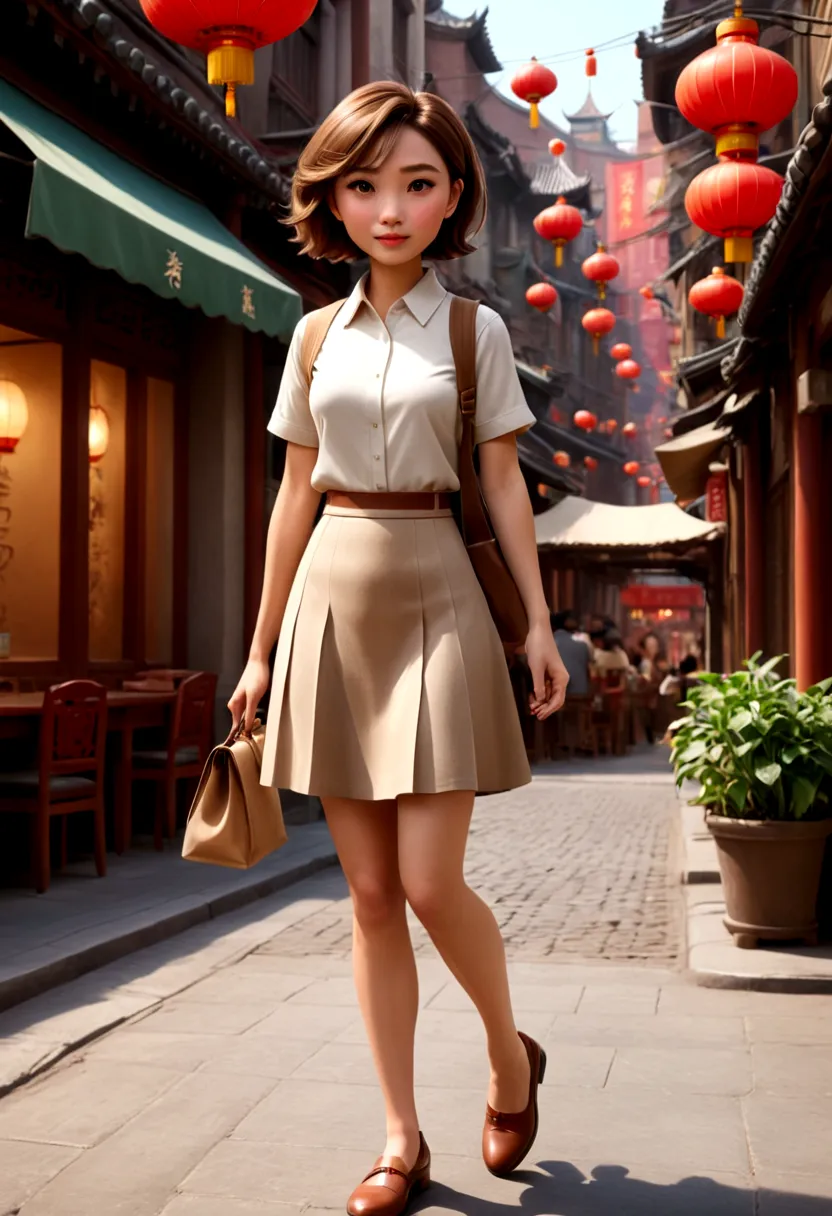 a beautiful and lovely chinese girl，short brown hair，wearing a light brown work skirt，coffee in hand，walking in the street，full ...