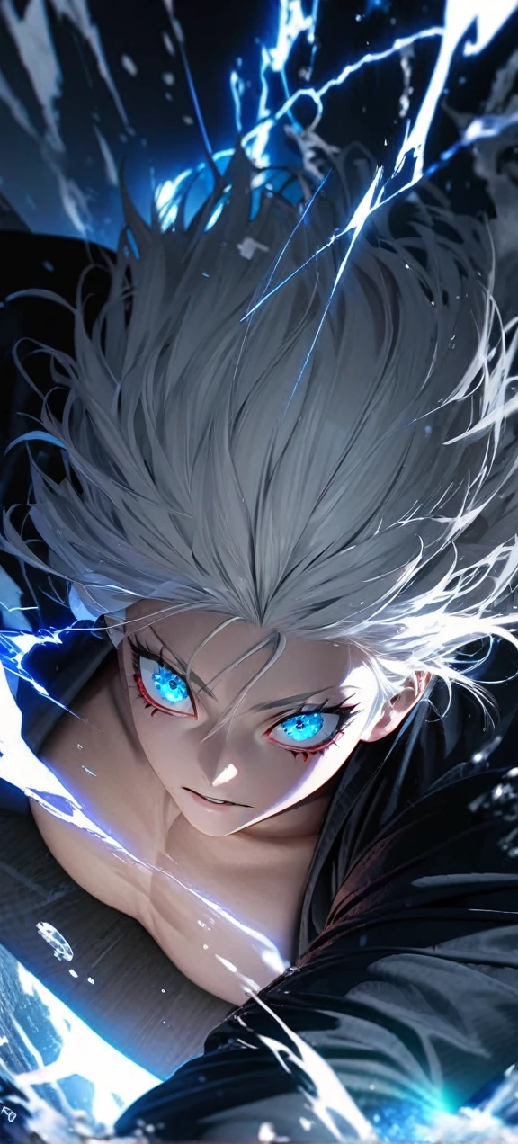  High quality, ultra realistic,absurdres, highres, ultra detailed, HDR, masterpiece, extremely detailed face and eyes,  Gojo satoru , jujutsu kaisen,, white hair ,black shirt , solo, ,man, handsome, ,white eyeleshes, blue eyes , Epic fight scene, blue splashing effect,blue lightning  effect,glowing glitters , close up,cool eyes, symetrical 