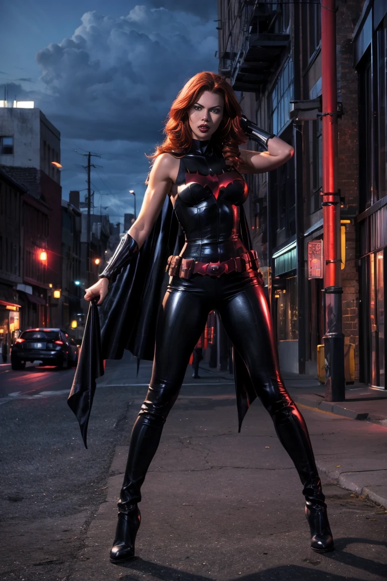 superheroína de cuerpo completo 14 años Batgirl rojo cabello largo y ondulado ojos verdes boca roja alto esbelto cuerpo elegante pechos grandes y redondos hombros anchos negro metálico brillante pantalones de cuero ajustados, Negro metálico brillante corto hundimiento blusas sin mangas botas azules vestido héroe posan incluso una noche aterradora en una pose Gotham calle oscura de la ciudad, una columna semioscura de octanaje ligero se vuelve fotorrealista 