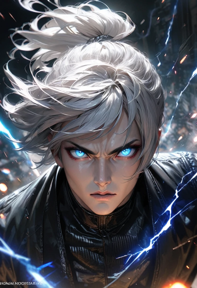   Far view,High quality, ultra realistic,absurdres, highres, ultra detailed, HDR, masterpiece, extremely detailed face and eyes, a cool  fighter, cool black jacket,cool posw, tekken, ,, cool white hair , solo, ,man, handsome, ,white eyeleshes, blue eyes ,explosive effect , ,black lightning  effect,glowing glitters ,  symetrical 