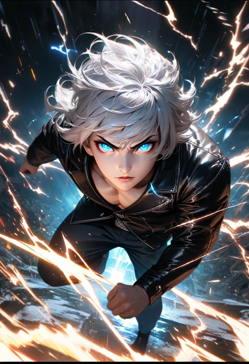   Far view,High quality, ultra realistic,absurdres, highres, ultra detailed, HDR, masterpiece, extremely detailed face and eyes, a cool  fighter, cool black jacket,cool posw, tekken, ,, cool white hair , solo, ,man, handsome, ,white eyeleshes, blue eyes ,explosive effect , ,black lightning  effect,glowing glitters ,  symetrical 