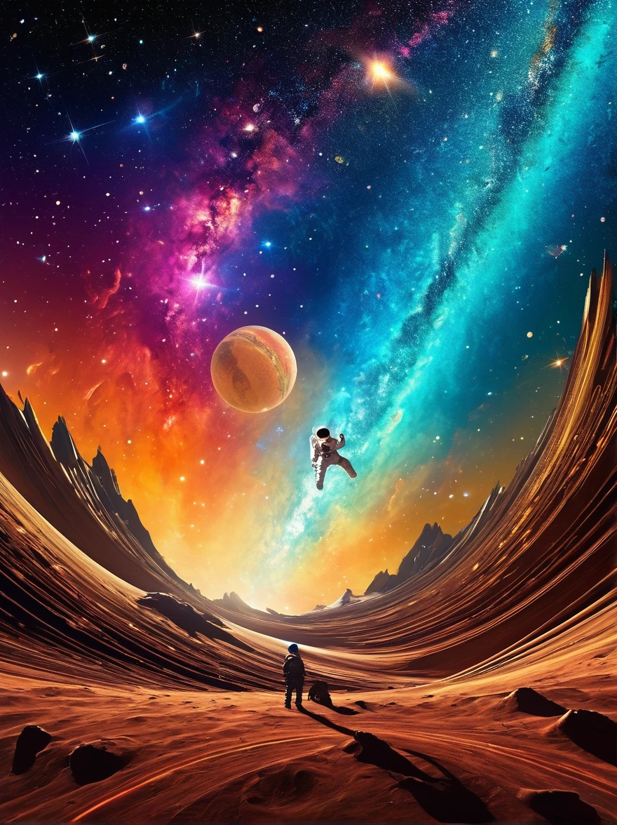 Imagine a surreal perspective of space exploration. There's an astronaut on an abstract shaped planet with swirling colors of cosmic nebulas in the backdrop. A closer look reveals strange flora and fauna, resembling but not quite matching Earth's. The astronaut is tethered to a whimsically curved spacecraft that seems to defy the physics we know. Rings of planets and orbs of sparkling astral dust form asymmetrical patterns across the sky. This visualization is heavily influenced by the abstract and dreamlike qualities seen in the Surrealism movement of the late 19th and early 20th century.