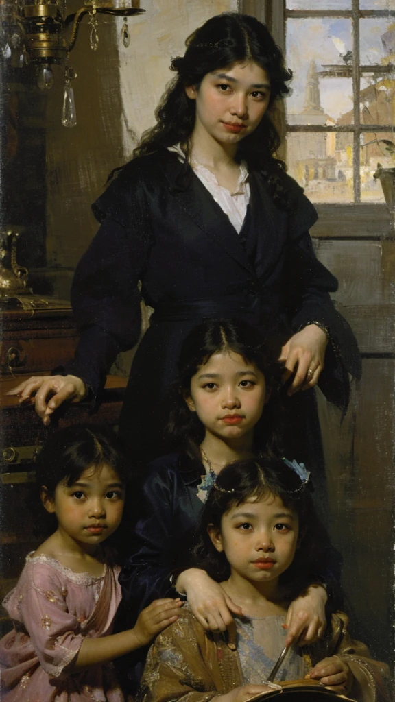 A group of Asians，2000，Modern Asian，View from the bridge，Three children at the bottom of the picture，,Oil painting style，Oil painting brush strokes，Sargent's style，The color of dusk，man，elder，