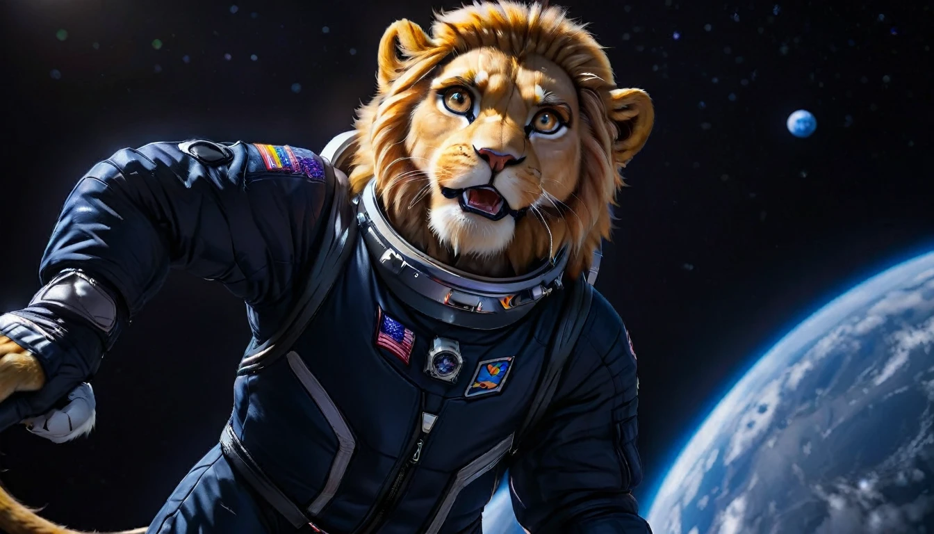 Arafed a picture of a anthomorph lion astronaut he stands on the moon (roaring: 1.3), open maw, mouth opened sense awe, sense of might, king of space, to space, an epic (anthomorph lion: 1.3), Ultra detailed head, open maw, best detailed head(wearing astronaut suit: 1.5), feline eyes, dynamic colors eyes, roaring as he stands on the moon roaring to space, the vastness of space above the king of space, many stars above him, vibrant, Ultra-high resolution, High Contrast, masterpiece:1.2, highest quality, Best aesthetics), best details, best quality, highres, ultra wide angle, 16k, [ultra detailed], masterpiece, best quality, (extremely detailed), Intense Gaze, Cinematic Hollywood Film, furry