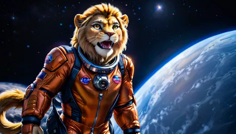 arafed a picture of a anthomorph lion astronaut he stands on the moon (roaring: 1.3),sense awe, sense of might, king of space,  ...