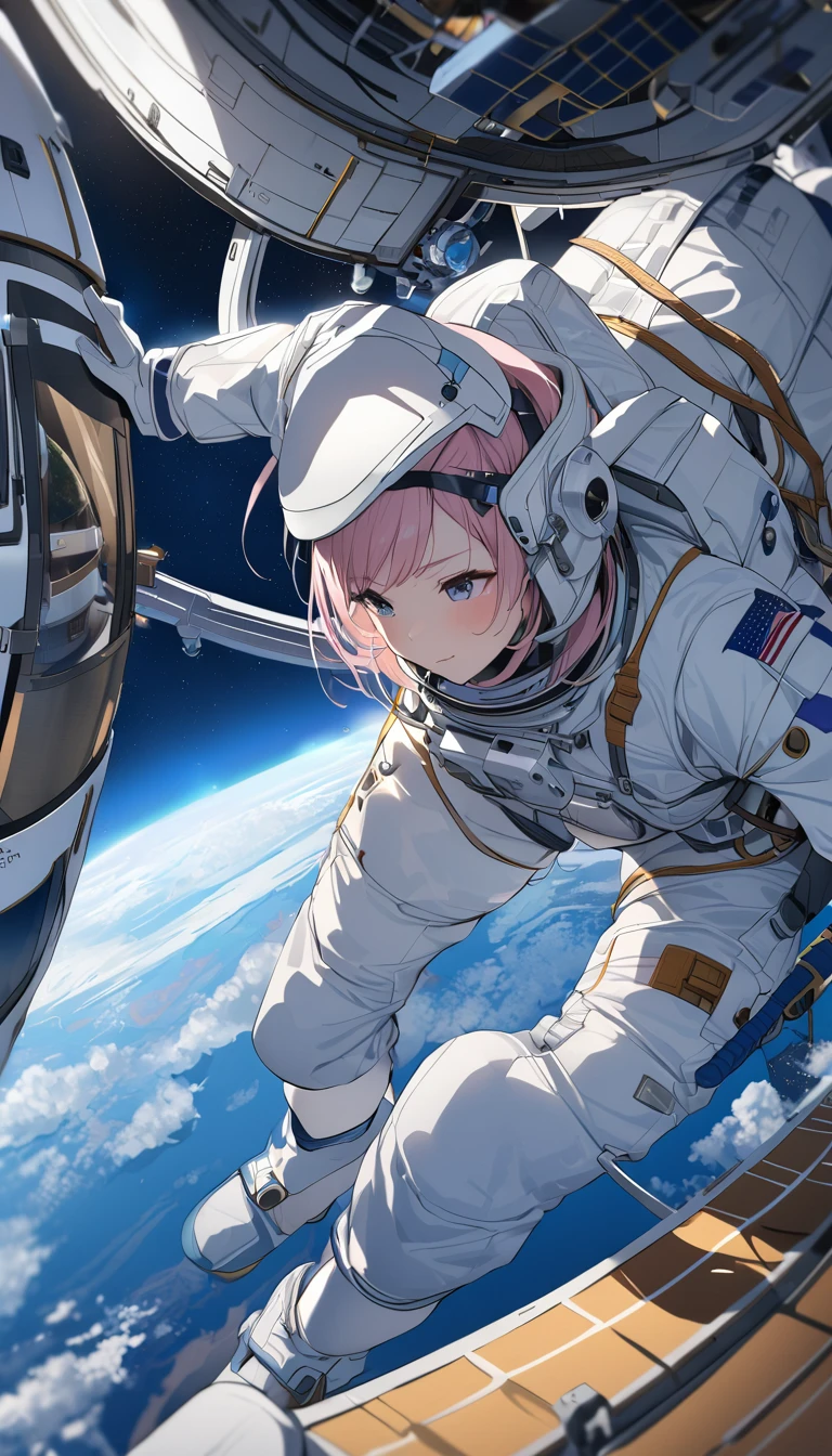 Highest quality、masterpiece、High resolution、RAW Photos、BREAK、Perfect Anatomy、One Girl、Skin-tight astronaut suits、２０talent、Zero Gravity Swimming、Space Station、Experimental building、Complex Instrumentation、Detailed depiction、近未来のSpace Station、BREAK、Earth seen from the window、Beautiful Earth、Blue Earth、