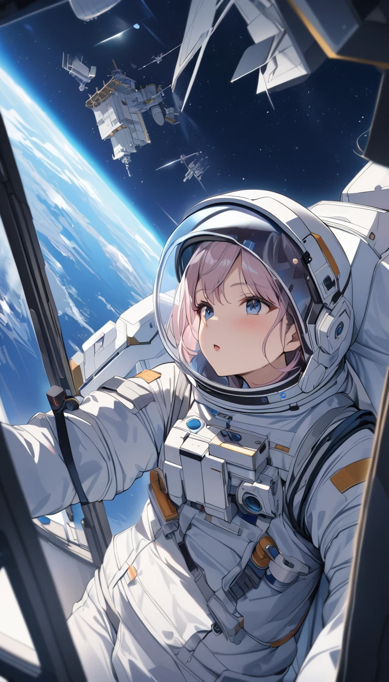 Highest quality、masterpiece、High resolution、RAW Photos、BREAK、Perfect Anatomy、One Girl、Skin-tight astronaut suits、２０talent、Zero Gravity Swimming、Space Station、Experimental building、Complex Instrumentation、Detailed depiction、近未来のSpace Station、BREAK、Earth seen from the window、Beautiful Earth、Blue Earth、