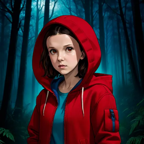 front view, milli3 woman, Millie Bobby Brown, mbb, wearing a red jacket and a hood in a dark forrest, horror style, stranger thi...